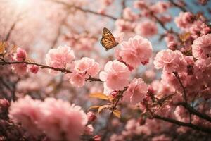 ai generiert ein verträumt Sakura Garten mit anmutig Schmetterlinge foto