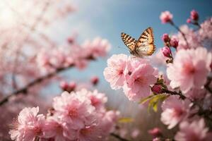 ai generiert ein verträumt Sakura Garten mit anmutig Schmetterlinge foto