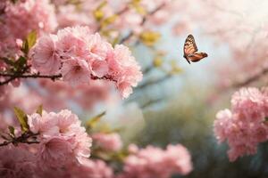 ai generiert ein verträumt Sakura Garten mit anmutig Schmetterlinge foto