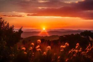 ai generiert das Sonne setzt Über das Berge im diese Foto