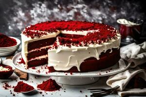 ai generiert rot Samt Kuchen mit ein Scheibe genommen aus foto