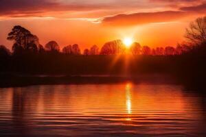 ai generiert das Sonne ist Rahmen Über ein See mit Bäume im das Hintergrund foto