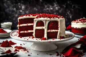 ai generiert ein Scheibe von rot Samt Kuchen auf ein Weiß Teller foto