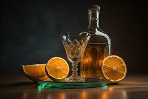 ai generiert Flasche und Glas mit Tequila und Orange Scheiben auf hölzern Tisch. generativ ai foto