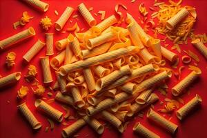 ai generiert verschiedene Typen und Formen von trocken Italienisch Pasta auf ein rot Hintergrund. generativ ai foto