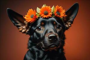 ai generiert Porträt von ein schwarz Hund mit ein Kranz von Blumen auf seine Kopf. generativ ai foto