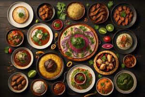 ai generiert oben Aussicht von anders indisch Geschirr auf dunkel Hintergrund. indisch Küche. ai generativ foto