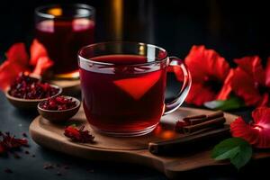 ai generiert rot Tee mit Granatapfel und Zimt auf ein dunkel Hintergrund foto