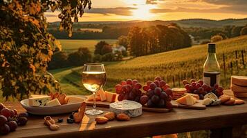 ai generiert Gourmet Wein und Käse Teller mit Blick auf heiter Weinberg beim Sonnenuntergang. foto