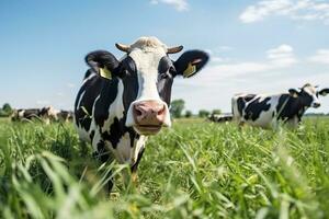 ai generiert neugierig Kuh im sonnig pastoral Feld foto