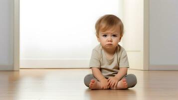 ai generiert traurig und Weinen Baby mit mental Trauma Sitzung auf Boden. foto