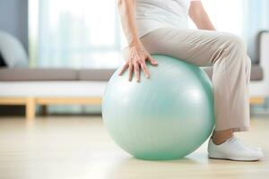 ai generiert kaukasisch Senior tun Übung mit ein schweizerisch Ball beim ein Fitnessstudio foto