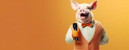 ai generiert modisch Schwein Singen mit Mikrofon foto