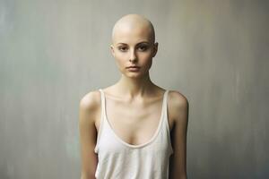 ai generiert Porträt von kaukasisch kahl Mädchen, Alopezie und Krebs Bewusstsein foto