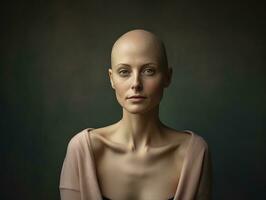 ai generiert Porträt von kaukasisch kahl Frau, Alopezie und Krebs Bewusstsein, Kopieren Raum foto