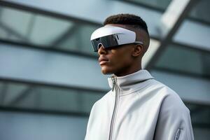 ai generiert virtuell Wirklichkeit Brille und Mann, Cyber und 3d Welt. foto