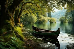ai generiert Rudern Boot auf das Fluss unter Grün Bäume auf ein sonnig Sommer- Tag auf das Hintergrund von das Wald. foto