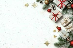Weihnachten Komposition mit Geschenk Kisten, Karte Bälle Tanne Geäst Kiefer Zapfen mit Kopieren Raum. Weihnachten durch ai generiert foto