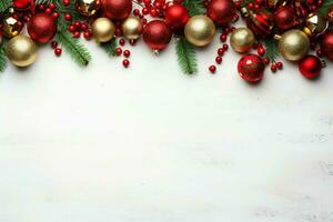 Weihnachten Komposition mit Geschenk Kisten, Karte Bälle Tanne Geäst Kiefer Zapfen mit Kopieren Raum. Weihnachten durch ai generiert foto
