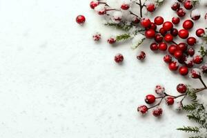 Weihnachten Komposition mit Geschenk Kisten, Karte Bälle Tanne Geäst Kiefer Zapfen mit Kopieren Raum. Weihnachten durch ai generiert foto