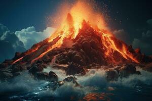 ai generiert ein vulkanisch Eruption im das Ozean mit Lava fließend in das Wasser. generiert durch künstlich Intelligenz foto