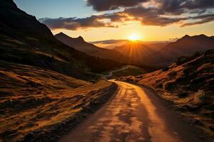 ai generiert Wicklung Land Straße beim Sonnenuntergang im das Hochland. generiert durch künstlich Intelligenz foto