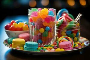 ai generiert ein spielerisch Szene mit ein bunt Anordnung von Süßigkeiten und Leckereien beim ein Kinder- Geburtstag Party. generativ ai foto