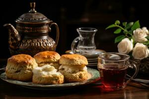 ai generiert ein klassisch Englisch Tee Verbreitung mit Scones, geronnen Creme, Marmelade, und ein dämpfen Topf von Tee. generativ ai foto