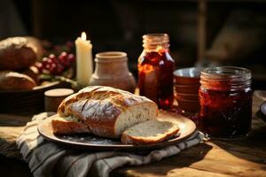 ai generiert ein rustikal Tabelle Rahmen mit ein Laib von frisch gebacken brot, Butter, und ein Krug von hausgemacht Marmelade. generativ ai foto