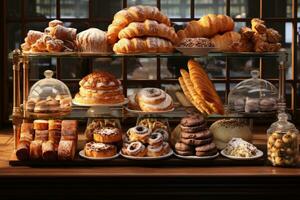 ai generiert ein Bild von ein Bäckerei Anzeige mit ein Vielfalt von frisch gebacken Gebäck, Croissants, und dänisch. generativ ai foto