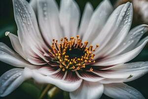 ai generiert ein schließen oben von ein Weiß Blume mit Wasser Tröpfchen foto