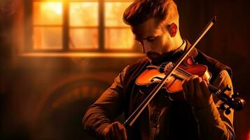 ai generiert das Violine von das Seele ist ein Musiker spielen das Violine im ein warm Licht foto