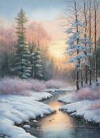 ai generiert Winter Abend Landschaft von ein malerisch Strom im ein schneebedeckt Wald foto
