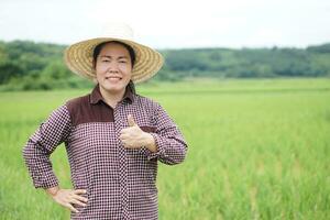 asiatisch Frau Farmer trägt Hut, Daumen hoch, fühlt sich zuversichtlich beim Paddy Feld. Konzept, Landwirtschaft Beruf. thailändisch Bauer. Arbeiten mit Natur. organisch Landwirtschaft. foto