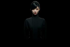 ai generiert Mode Kunst Porträt von schön Chinesisch Frau mit abstrakt schwarz und Weiß Kleidung. ai generiert foto