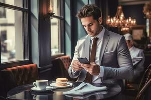 ai generiert Porträt von Geschäftsmann tragen passen mit Clever Telefon und nehmen ein Kaffee . ai generiert foto
