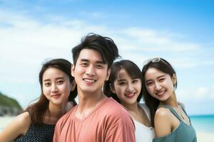 ai generiert asiatisch Gruppe von freunde lächelnd posieren zum Foto. mit Blau Himmel und Natur Hintergrund. ai generiert foto