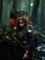ai generiert dunkelhäutig jung Mädchen im voll Länge Militär- Uniform mit Waffe im Hand im das Dschungel. angetrieben durch künstlich Intelligenz. foto