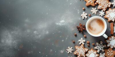 ai generiert eben legen, Weihnachten Komposition mit Lebkuchen Kekse und heiß Schokolade auf ein dunkel Hintergrund mit Raum zum Text. Winter, Neu Jahr, Ferien foto