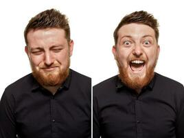 Studio Porträt von ein jung Mann Weinen und Lachen Mann foto