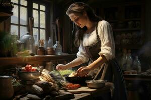 ai generiert jung Frau Kochen im das Küche. selektiv Fokus auf Hände, ein Frau ist vorbereiten ein richtig Mahlzeit, ai generiert foto