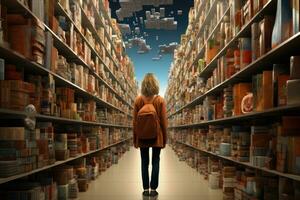 ai generiert Rückseite Aussicht von ein Mädchen Stehen im Vorderseite von Bücherregal, ein Frau mit Einkaufen Taschen zwischen Geschäft Regale, ai generiert foto