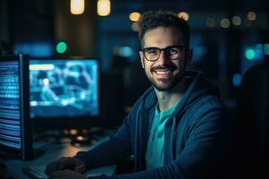 ai generiert Porträt von jung Mann Arbeiten auf Computer beim Nacht im dunkel Büro, ein Porträt, Mann, und Lächeln von ein Programmierer auf ein Computer im ein Büro Arbeitsplatz beim Nacht, ai generiert foto