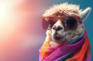 ai generiert Alpaka tragen Sonnenbrille spielen mit ein Schal foto
