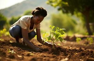 ai generiert afrikanisch amerikanisch Frau Arbeiten mit Gemüse im ein Gemeinschaft Garten weiblich foto