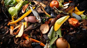ai generiert Stapel von Essen Abfall auf das Boden. Recycling Konzept foto