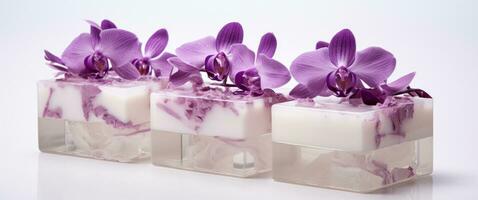 ai generiert Seifen mit natürlich Zutaten von opulent lila Orchidee Blumen foto