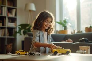 ai generiert ein jung Mädchen ist spielen mit Spielzeug Autos im ihr Leben Zimmer foto