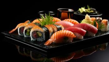 ai generiert Komposition Sushi Satz. japanisch Essen foto