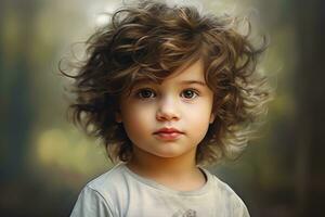 ai generiert Porträt von ein süß wenig Junge mit lockig Haar im das Park, ein süß Baby mit flauschige Haar, ein ziemlich Junge, ai generiert foto